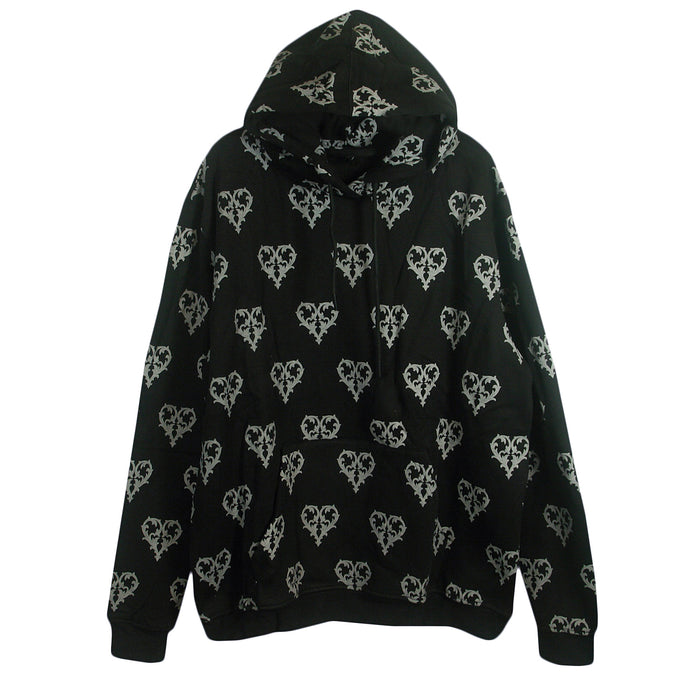 The Ricky Olson black hooded sweatshirt features a white barbed wire heart pattern all over, long sleeves, ribbed cuffs and waistband, relaxed fit, and is made from a cotton/polyester blend.