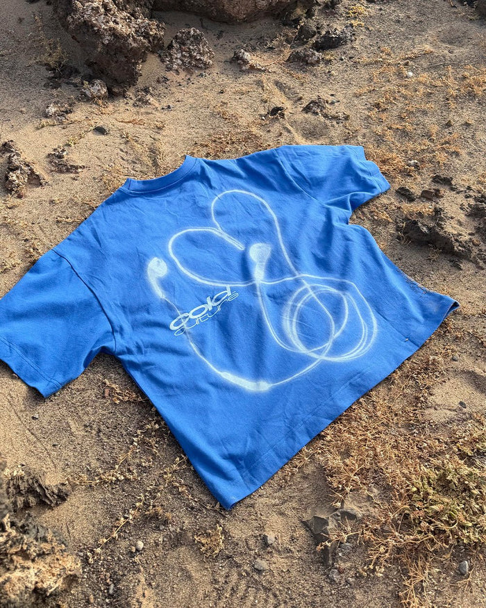 LOVEPODS TEE BLUE - blue graphic print tee, flat lay - Cold Culture
