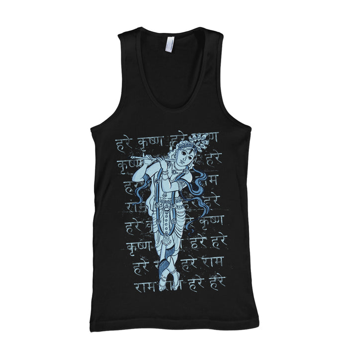 Mantralogy black tank top with a light blue illustration of Lord Krishna playing the flute, set against a handwritten-style Sanskrit Hare Krishna Hare Ram background.