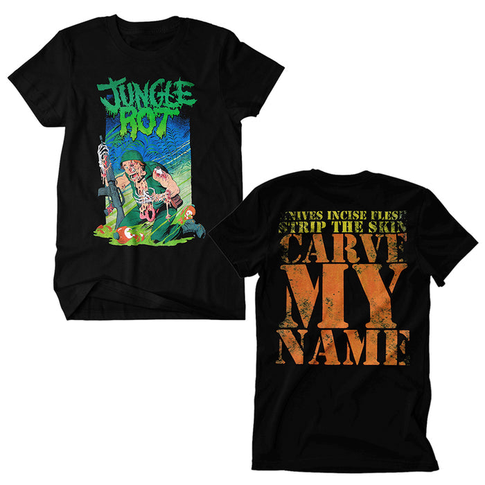Two black Jungle Rot T-shirts. The front shows a cartoon soldier with a knife and severed arms, plus JUNGLE ROT in green. The back features KNIVES INCISE FLESH STRIP THE SKIN CARVE MY NAME in bold, distressed orange letters.