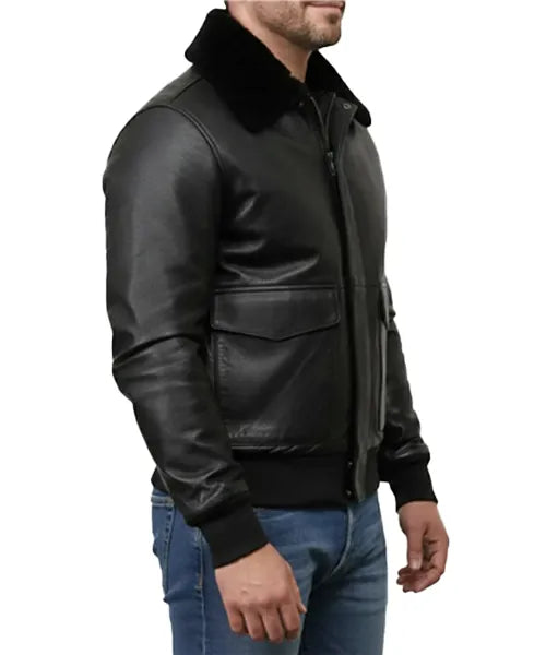 Men's Black Leather Jacket with Fur Collar – Genuine Sheepskin Bomber Style