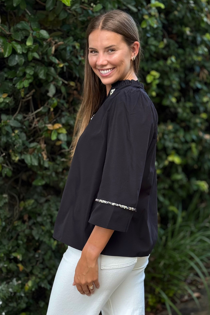 Midnight Fringe Ruffle Neck Blouse