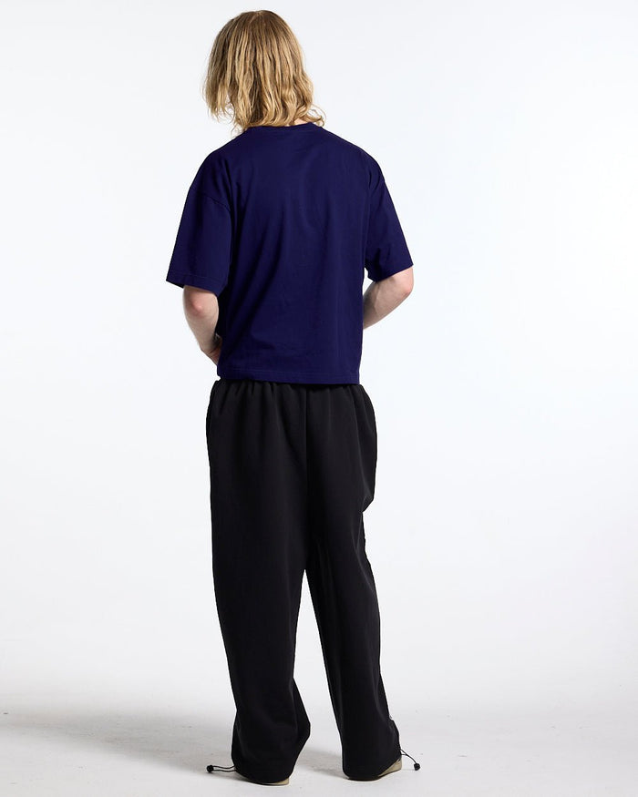MONTANA TEE NAVY - navy blue boxy tee, back view on male model - Cold Culture