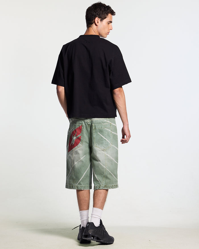 MUSIC RYTHIM SHORTS GREEN - green washed denim shorts, back view on male model - Cold Culture