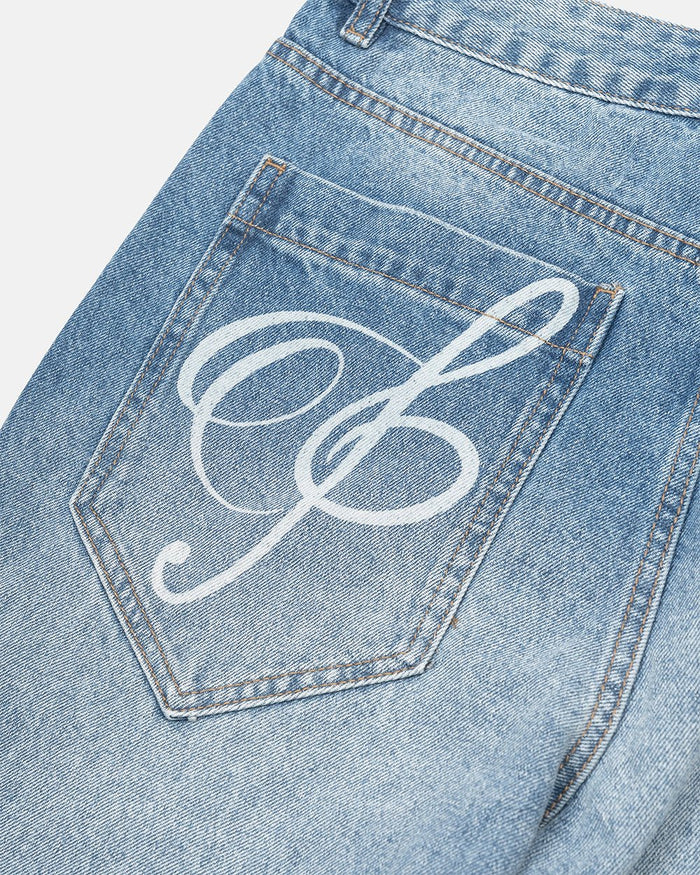 MZRT V3 PANTS LIGHT BLUE - light blue printed denim pants, detail close-up - Cold Culture
