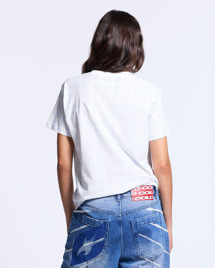 NACHT TEE BLUE - light blue plaid tee, back view on female model - Cold Culture