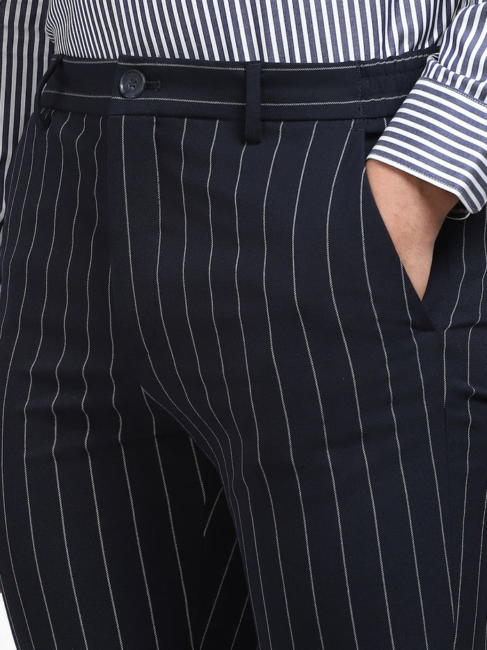 Navy Blue Mid Rise Striped Slim Trousers