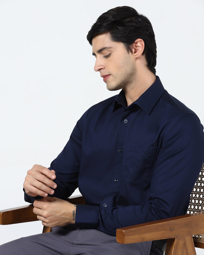 Navy Non Iron Textured Shirt - Emerald