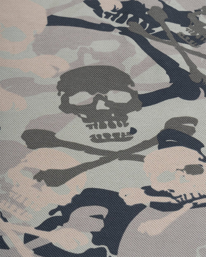 NIGHTSKULL POLO GREY - grey skull print polo shirt, detail close-up - Cold Culture