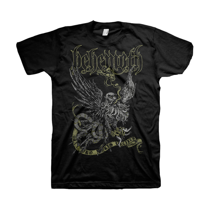 Black Behemoth T-shirt with the band’s stylized name above a detailed graphic of a winged creature, snake, and banner reading Thelema.6, shown on a plain white background.