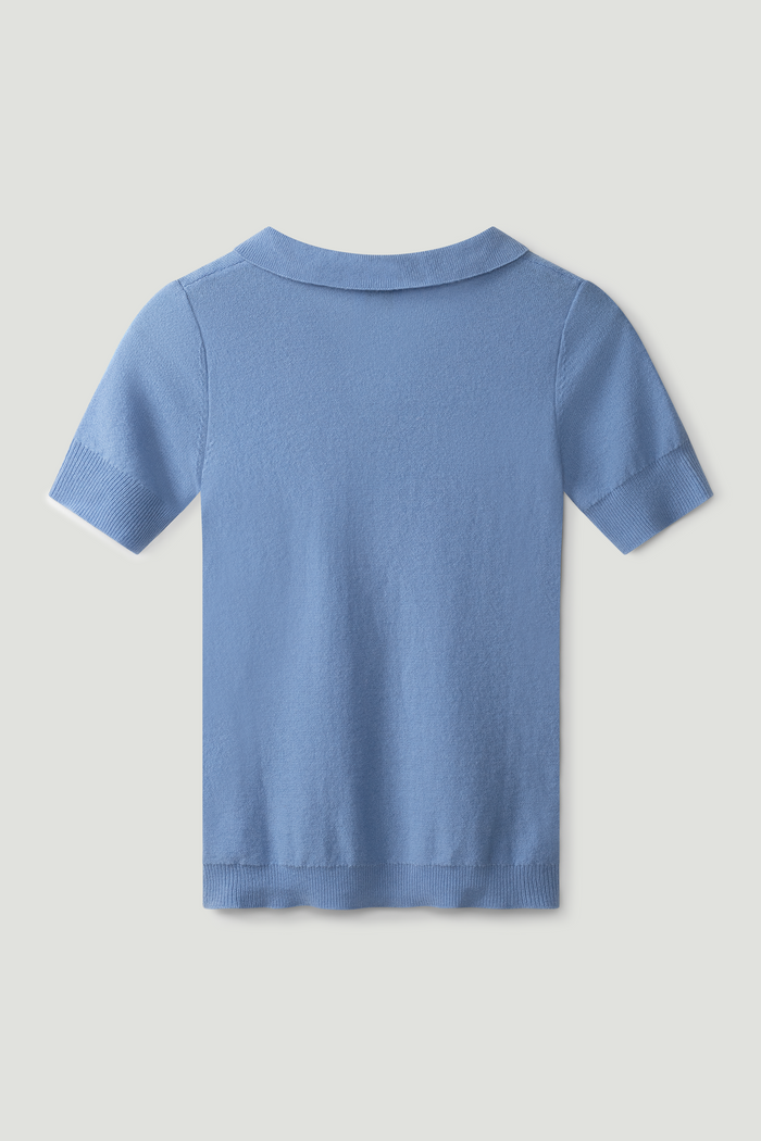 Blue polo shirt on a light gray background. | Exclude