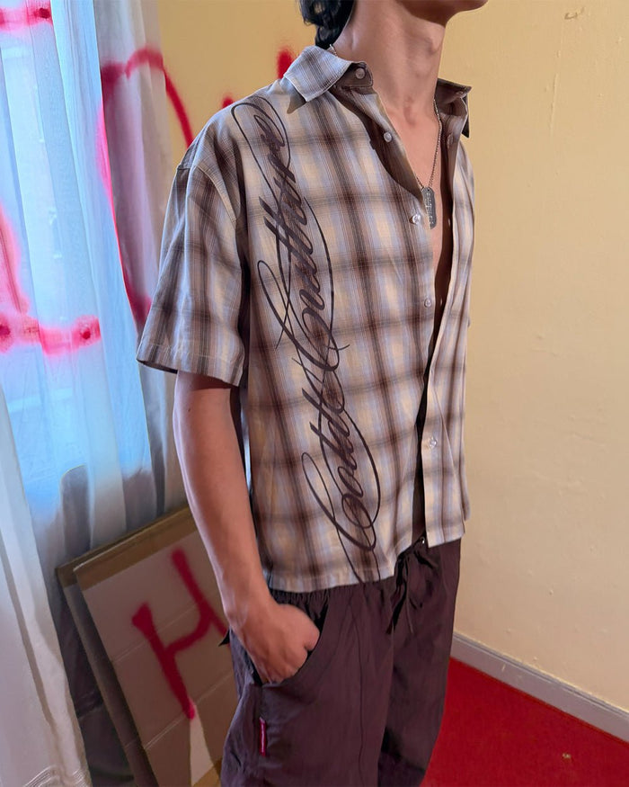 OFFICE SCRIPT SHIRT BEIGE - beige plaid short sleeve shirt, street style shot - Cold Culture