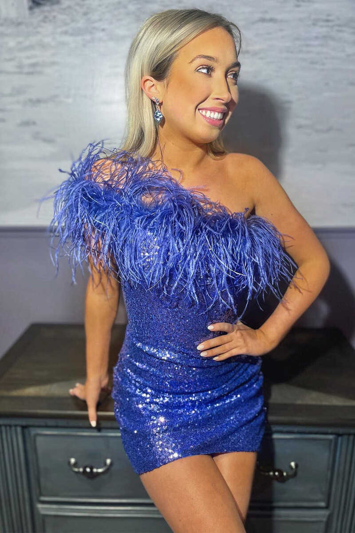 One-Shoulder Light Blue Sequins Feather Mini Homecoming Dress