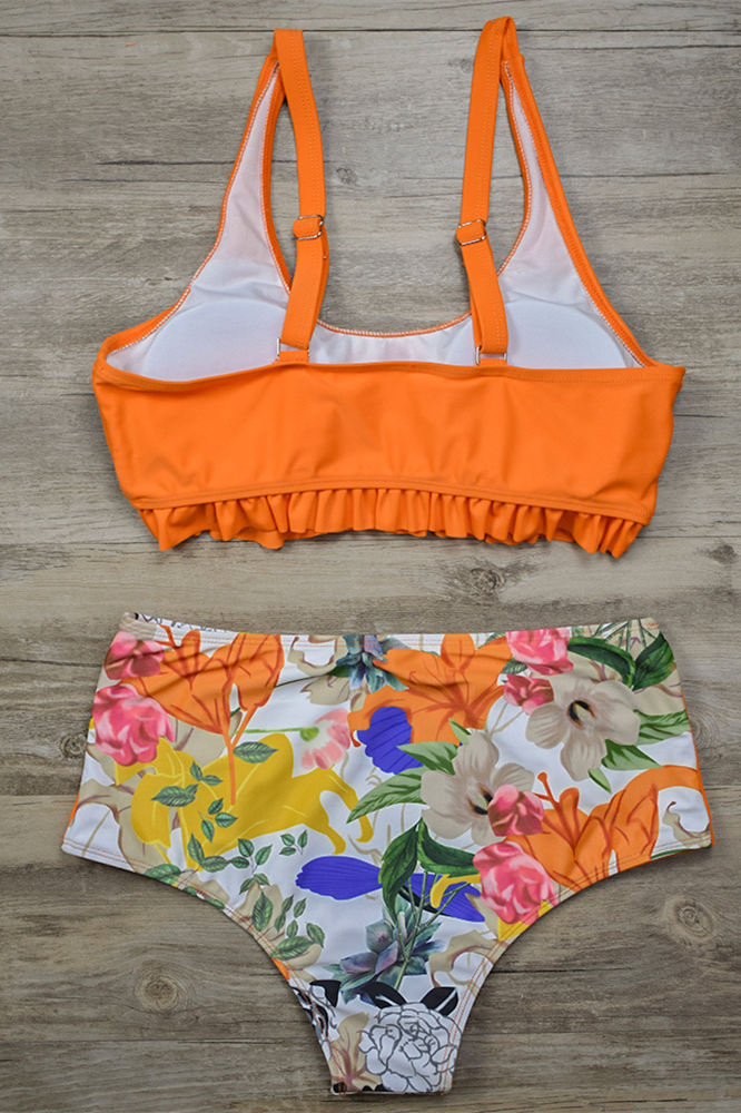 Orange Print High-Waist Ruffled Swimsuit