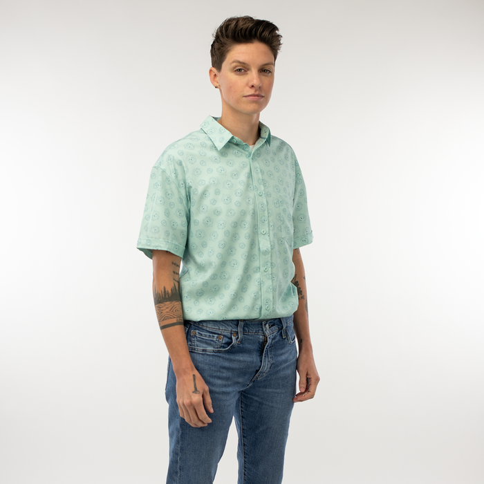 Overwatch Pachimari Button-Up Blue Shirt - Model Front View