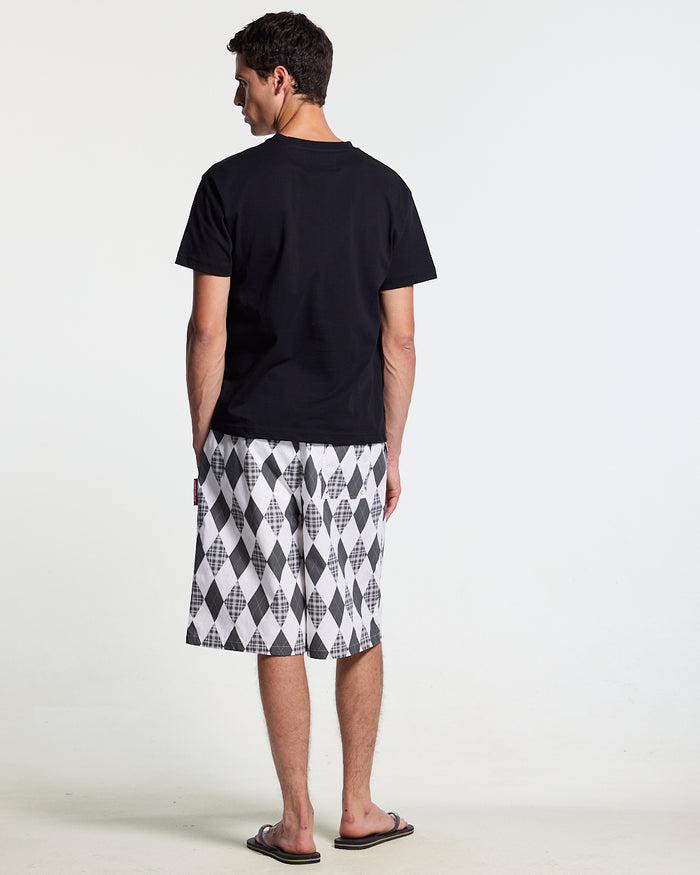 PREPPY SWIMSHORTS WHITE - white argyle swim shorts, back view on male model - Cold Culture