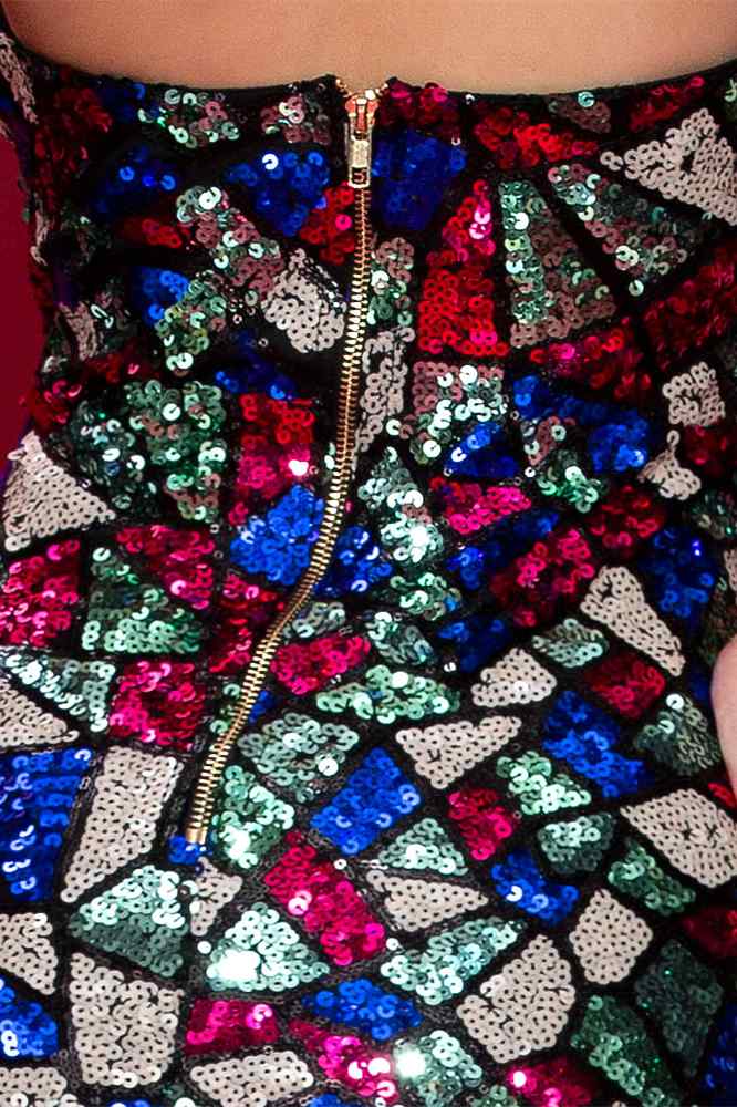 Rainbow Sequin Strapless Side Slit Mermaid Long Evening Dress