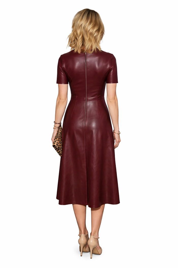 Red Leather Bodycon Midi Dress with Center Back Zip