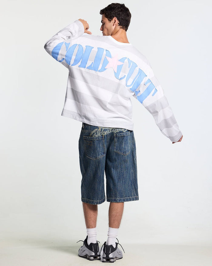 RELIC SHORTS DARK BLUE - washed blue denim shorts, back view on male model - Cold Culture