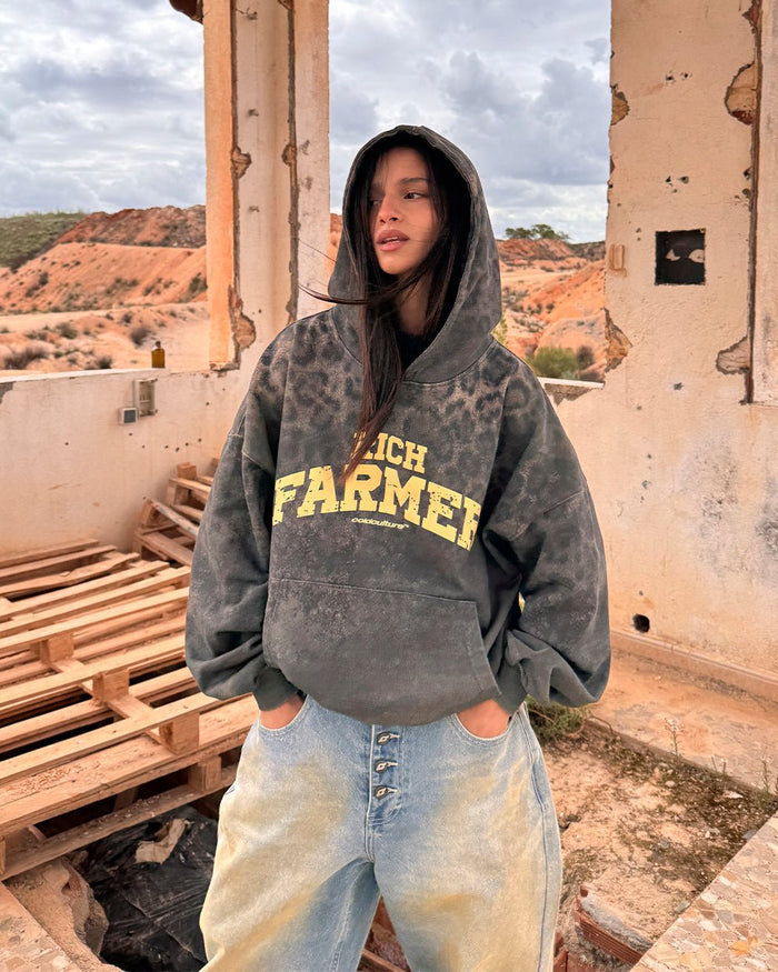 RICH FARMER HOODIE DARK GREY - dark grey leopard print hoodie, street style shot - Cold Culture