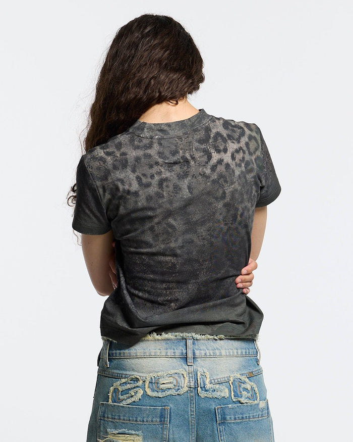 RICH FARMER TEE LEOPARD - washed leopard print tee, back view on female model - Cold Culture