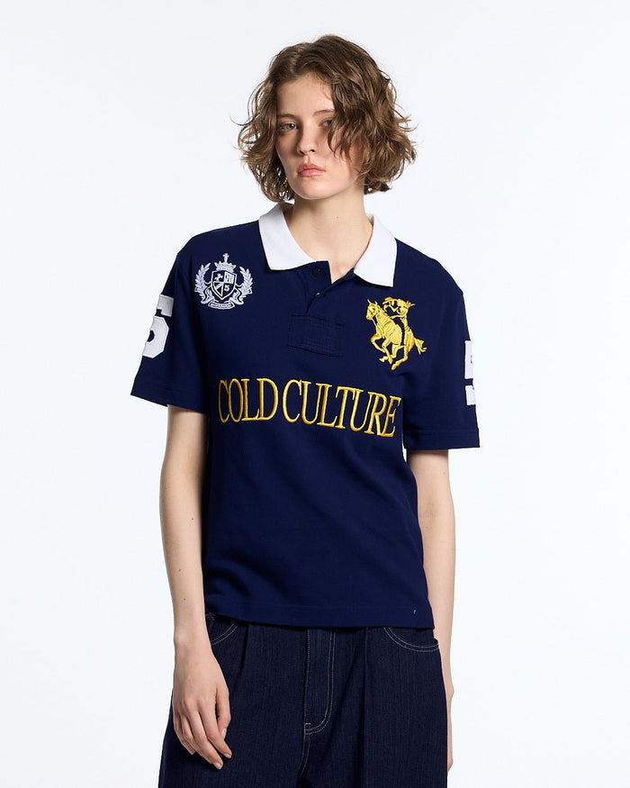 RIDING CLUB POLO NAVY - navy embroidered polo shirt, front view on female model - Cold Culture #woman
