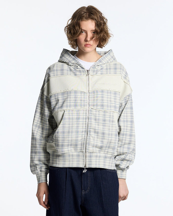 RIPPED ZIP HOODIE WHITE - off-white plaid zip-up hoodie, front view on female model - Cold Culture #woman