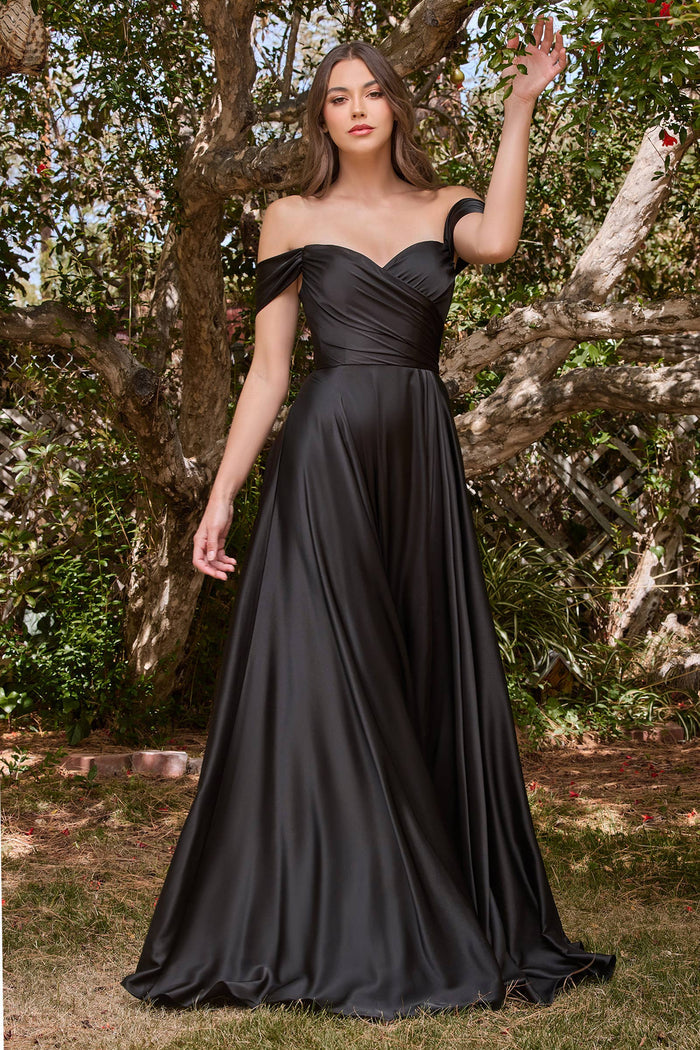 SATIN A-LINE OFF THE SHOULDER DRESS