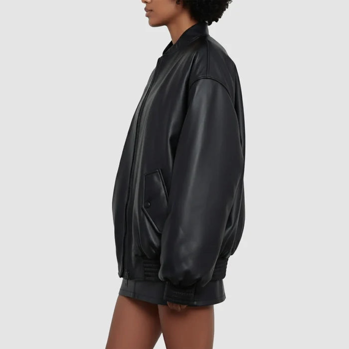 Selena Gomez Black Leather Bomber Jacket for Women