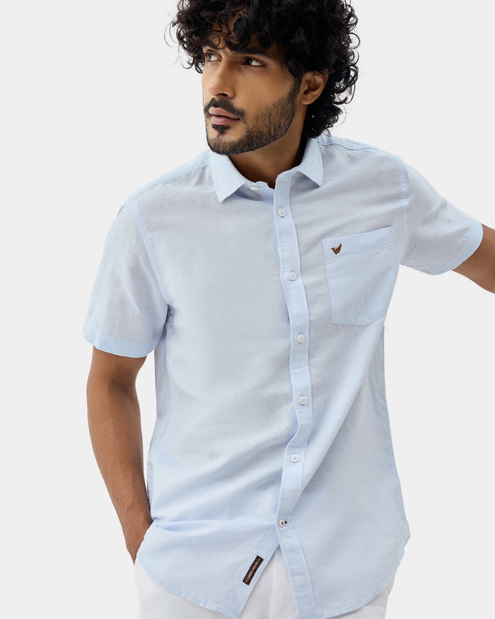 Sky Blue Half Sleeve Linen Solid Shirt - Cleo