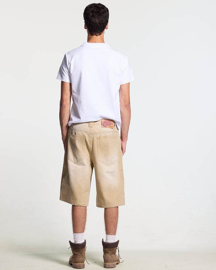 SPARK SHORTS BEIGE - beige washed denim shorts, back view on male model - Cold Culture