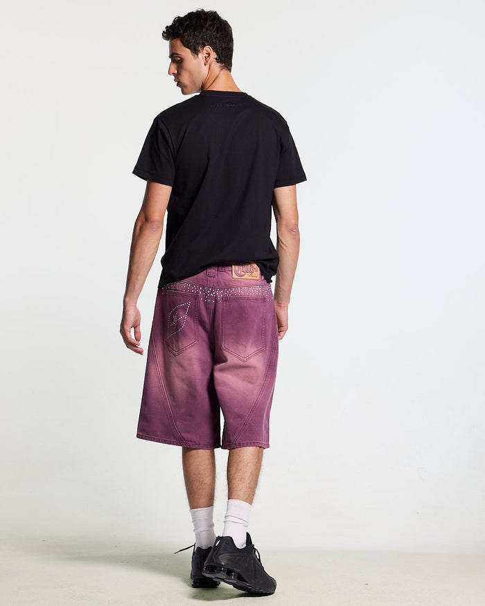 SPARK SHORTS BURGUNDY - washed burgundy denim shorts, back view on male model - Cold Culture