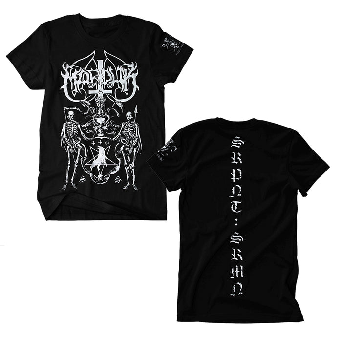 Marduk black t-shirt with white gothic artwork of skeletons and occult symbols on the front, stylized vertical text on the back, and white graphic details on both sleeves.