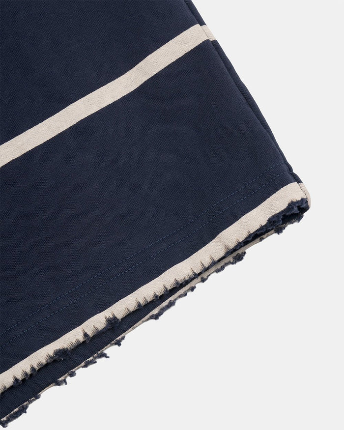 STALLION SHORT SWEATPANTS NAVY - navy striped sweat shorts, detail close-up - Cold Culture