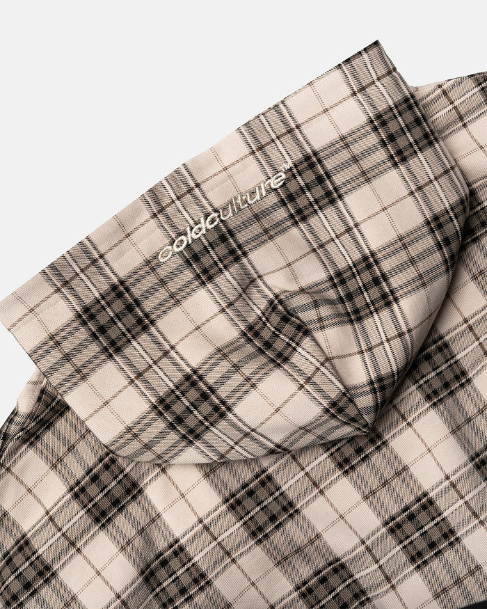 STARS TARTAN HOODIE BEIGE - beige tartan hoodie, detail close-up - Cold Culture