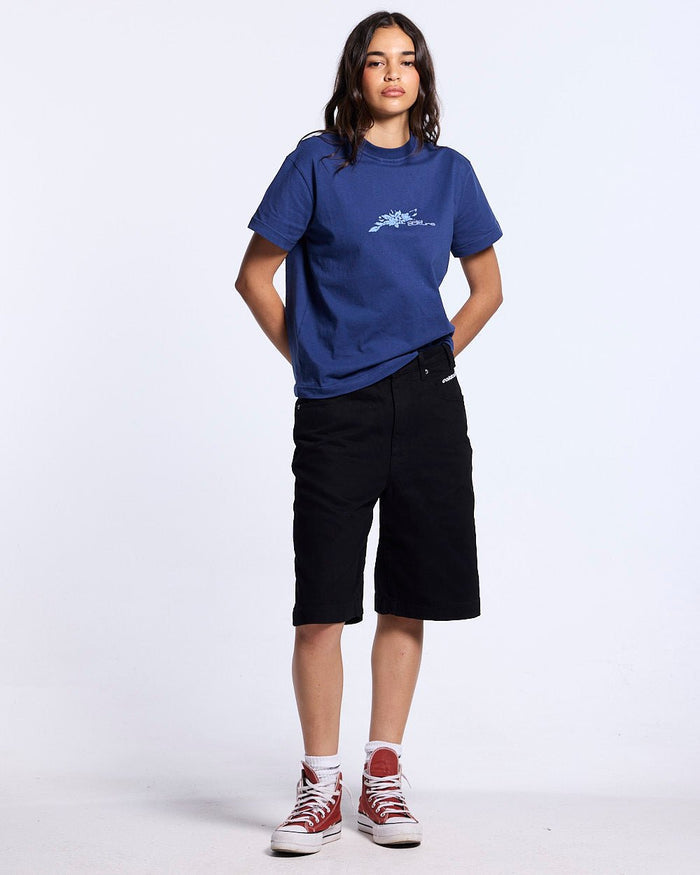 STARS V2 SHORTS BLACK - black baggy denim shorts, front view on female model - Cold Culture