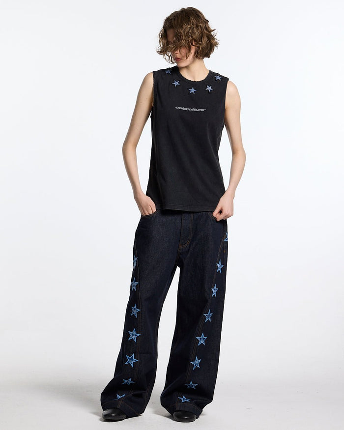 STARSHIP V3 PANTS RAW DENIM - raw denim pants with star print, front view on female model - Cold Culture #woman