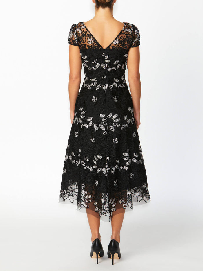 Women's Embroidered Fit & Flare A-Line Dress in Black | Stellar