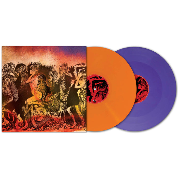 A vinyl record set from Storm Corrosion featuring one orange and one purple disc, alongside an album cover with surreal, abstract figures in red, orange, and black—ideal for fans of Mikael Åkerfeldt and Steven Wilson.
