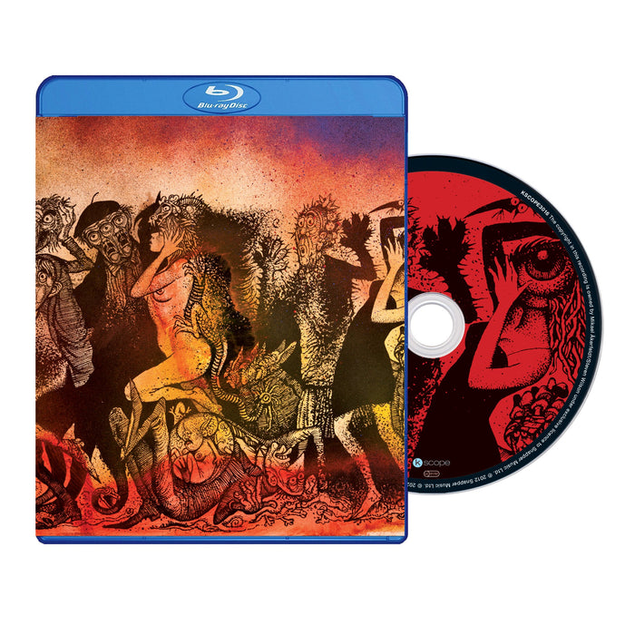 A Storm Corrosion Blu-ray case and disc with surreal, abstract artwork of distorted human and animal figures in red, orange, and yellow shades, reflecting the bands chaotic and fantastical style.