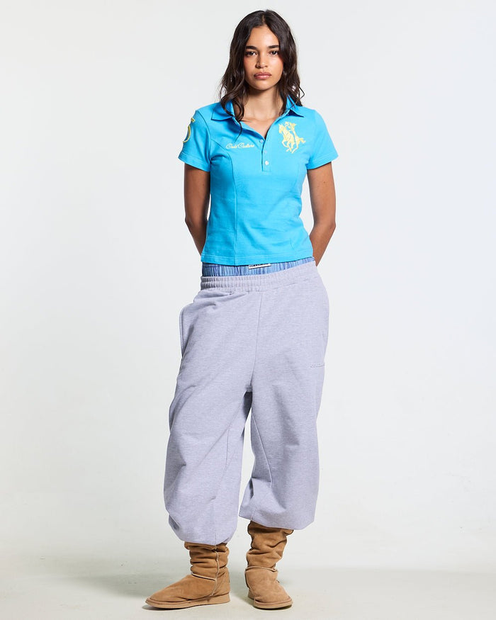 TAKE A PEAK SWEATPANTS HEATHER GREY - grey sweatpants with plaid trim, front view on female model - Cold Culture #woman