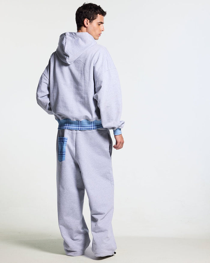 TAKE A PEAK ZIP HOODIE HEATHER GREY - grey zip-up hoodie with plaid trim, back view on male model - Cold Culture