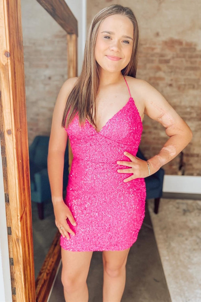 Teal Blue Sequins V-Neck Short Homecoming Dress