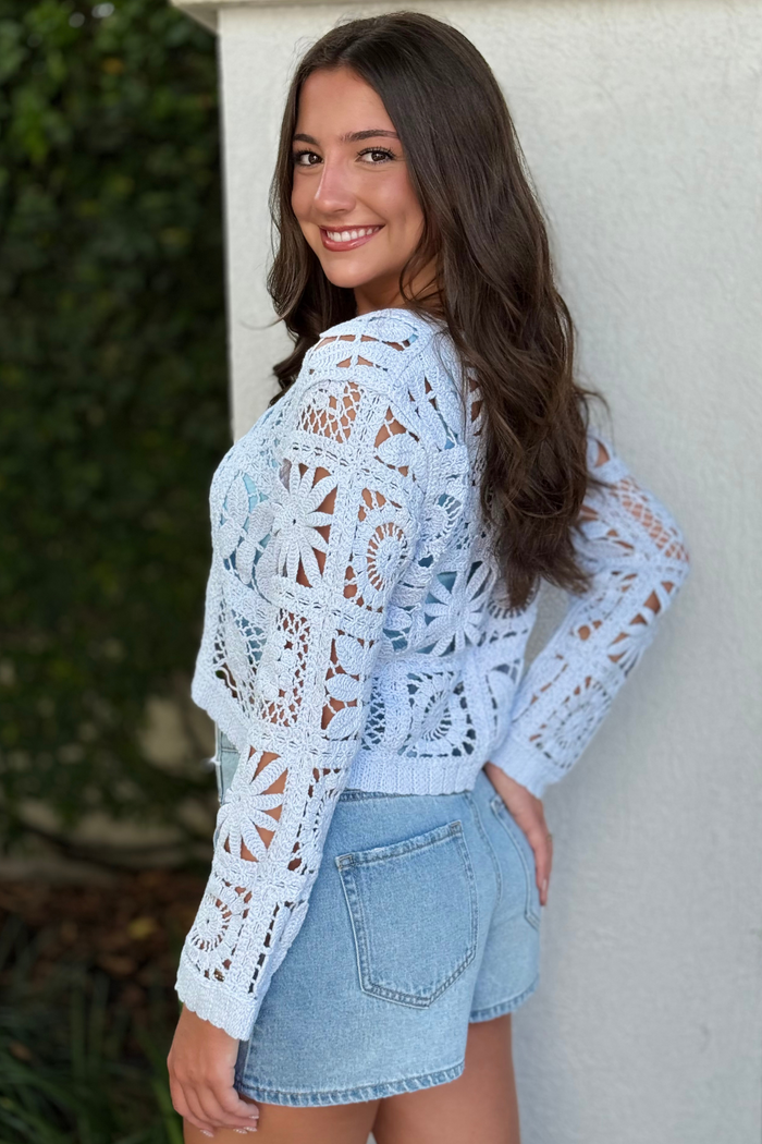 The Evienne Crochet Cardigan in Blue