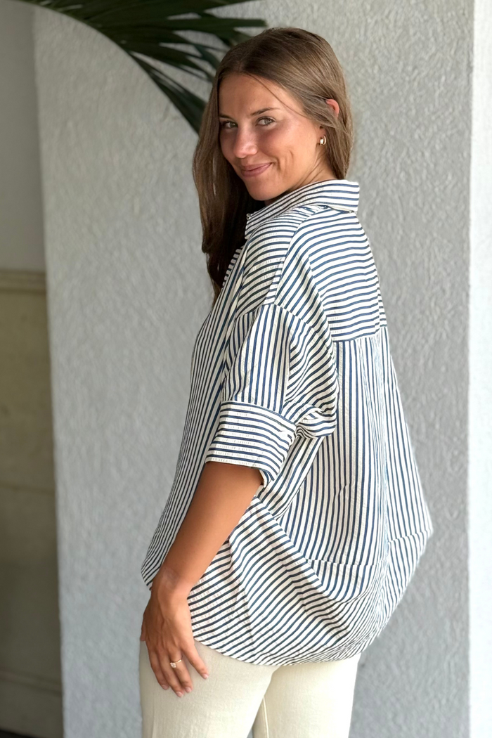 The Harbor Stripe Popover Top in Navy