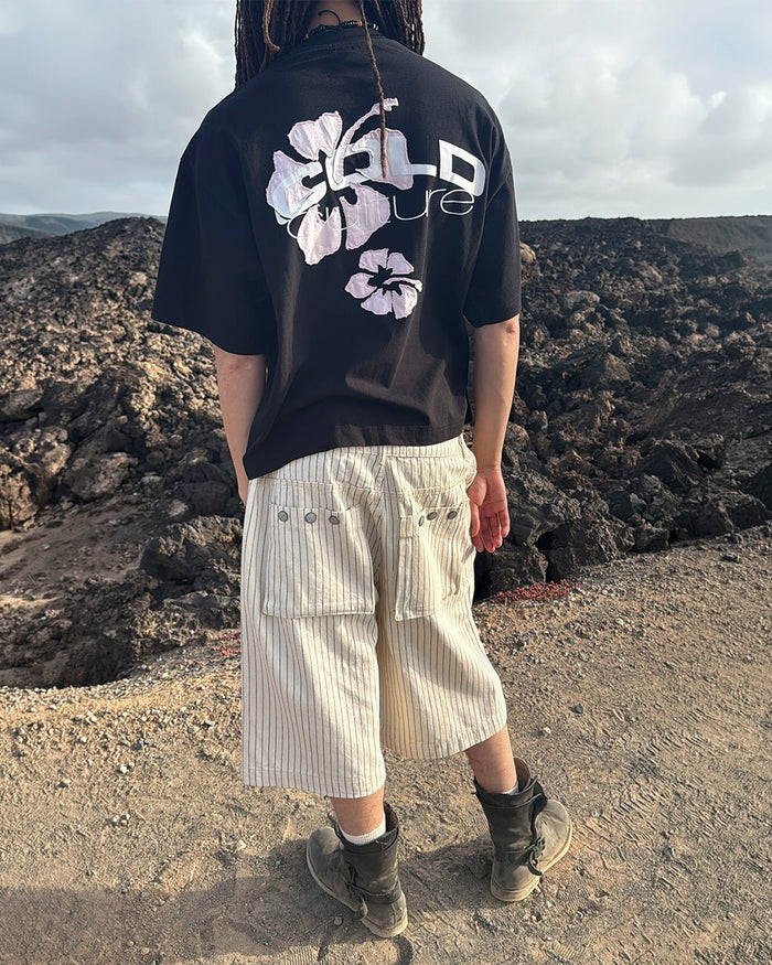 TROPICAL FEVER TEE BLACK - black hibiscus print tee, street style shot - Cold Culture