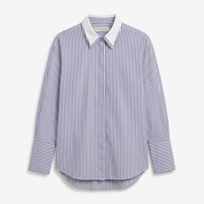 A long-sleeve button-up shirt with vertical blue and white stripes, featuring a solid white pointed collar and buttoned cuffs, shown against a light gray background.