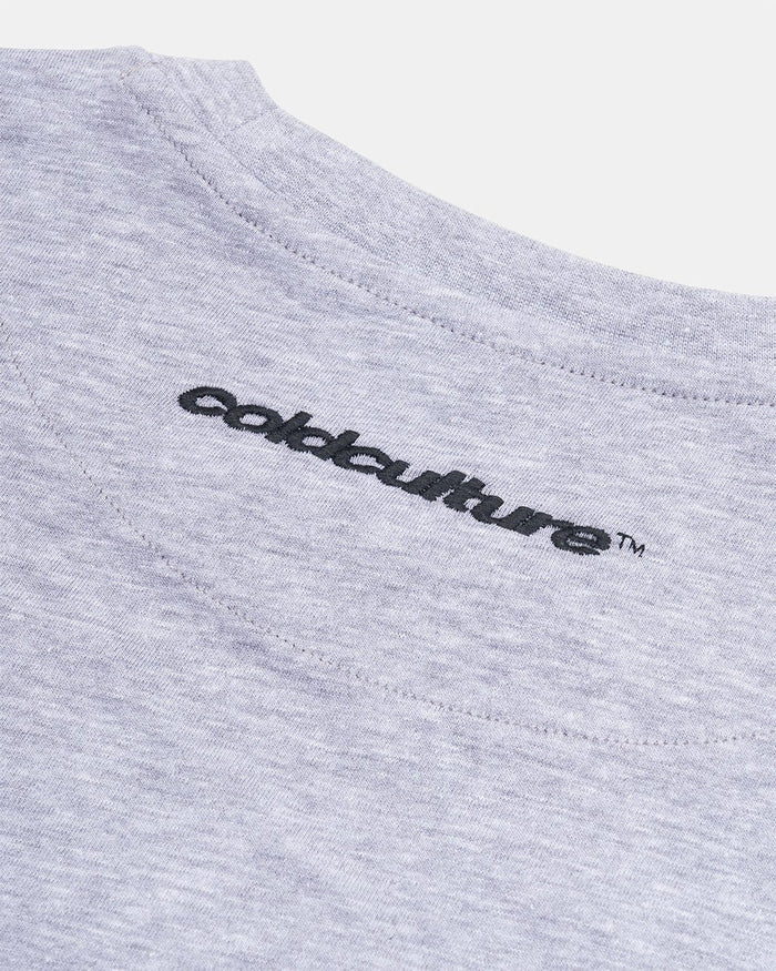 WATCH OUT TEE GREY - heather grey boxy tee, detail close-up - Cold Culture
