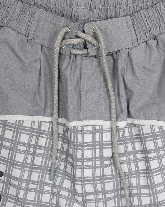 WAVE SWIMSHORTS GREY - grey checked swim shorts, detail close-up - Cold Culture