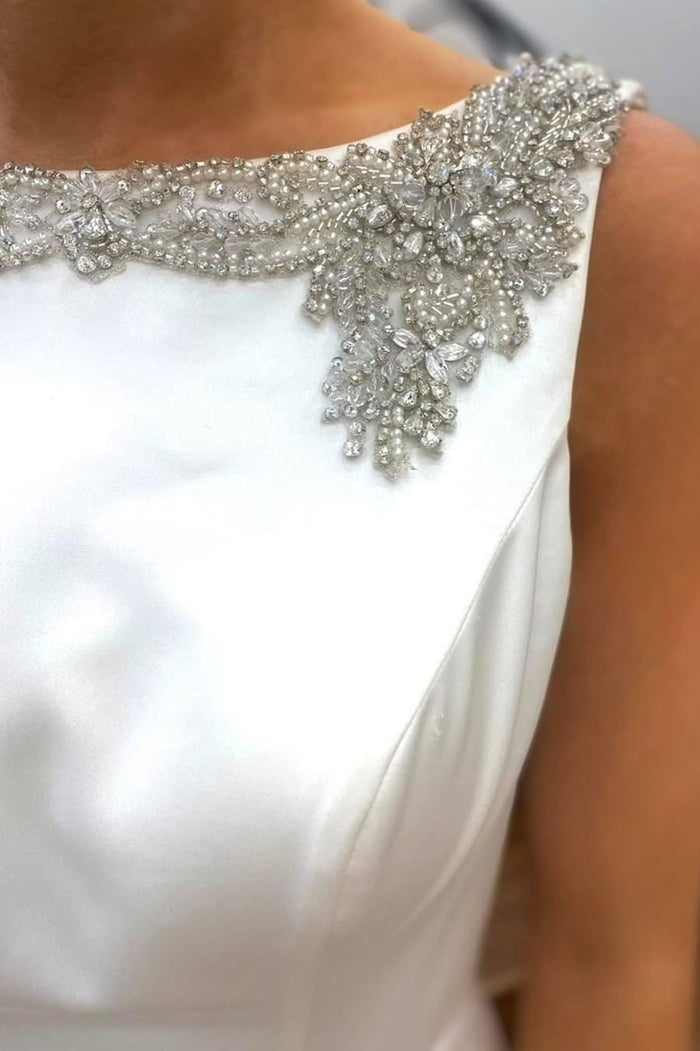 White Bateau Backless Trumpet Wedding Dress